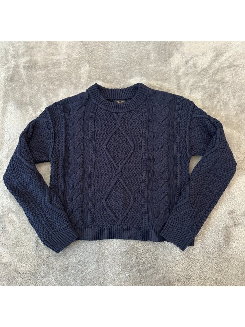 Quince 100% Organic Cotton Cropped Cable Knit Sweater Women's SMALL Navy Blue